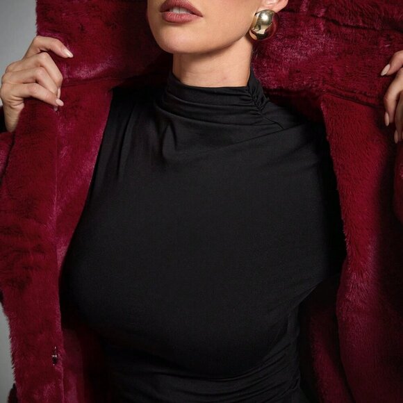 Burgundy Casual Women's Faux fur detailed  Long Sleeve Faux Leather Jacket Coat - Picture 4 of 7